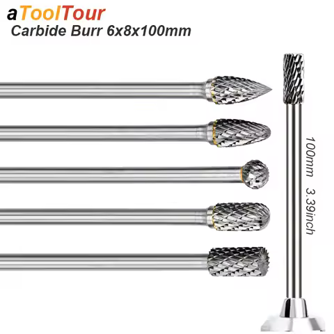Carbide Burr 6x8m 100mm Extra Long 1/4 Shank Carve Grinde Abrasive Tool Rotary Cut Rasp File Milling