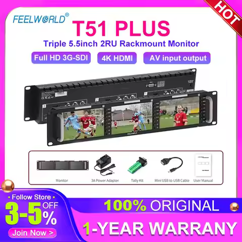 Feelworld T51 5 Inch 2RU LCD Rack Mount 3G-SDI HDMI AV Broadcast Level Monitors ▸