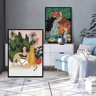 Boho Style Girl Tiger Poster Animal Canvas Painting Wall Cheetah Nordic Art Print Morden Picture For Living Room Decor