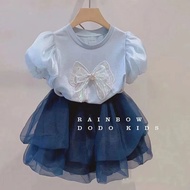 Girls Puff Sleeve T-Shirt Korean Short-Sleeved Summer Bow Top Baby Summer Gauze Skirt Two-Piece Suit