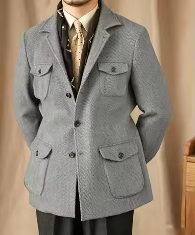 Multi-Pocket Hunting Jacket Herringbone Tweed Men's Sporty Formal Suit Vintage Elegance Menswear