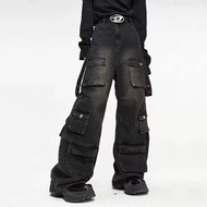 ฤดูใบไม้ร่วงY2K High Streetกางเกงยีนส์Mens Multi-Pocket HiphopกางเกงVINTAGEตรงขากว้างขากว้างกางเกงแฟ