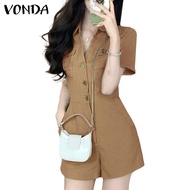 VONDA Women Korean Fashion Chic Lapel Short Sleeves Buttoned Side Pockets Solid Color Jumpsuit