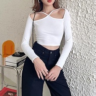 Áo croptop nữ tay dài kiểu yếm hở vai dây chéo ngực 4Lova