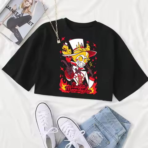 Hazbin Hotel Lucifer Graphic Design Shirt Women O-Neck Short Sleeves Crop Tops T-shirt