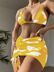 SHEIN Swim Vcay Conjunto de bikini de cuello halter con estampado de vaca para mujeres de vacaciones con Bottom separada, estampado aleatorio, incluye traje de baño, cubierta y falda