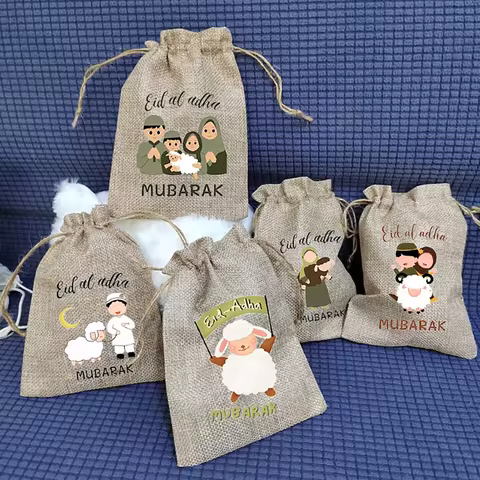 5Pcs sheep Eid al-Adha Linen Drawstring Gift Bags Islamic Holiday Money Candy Bag Muslim Home Decor 