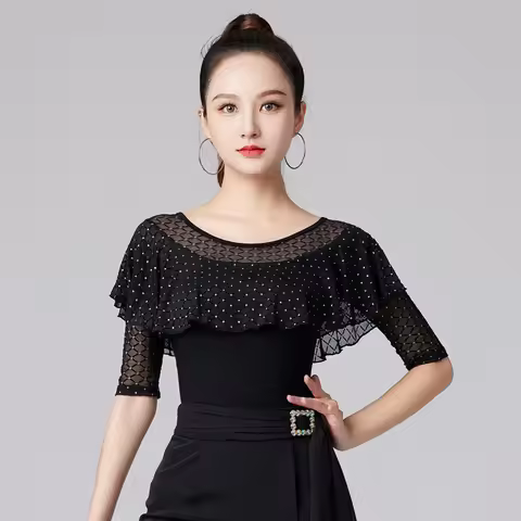 Mesh Patchwork Latin Dance Wear Women Tops Practice Woman Solid Color Costume Samba Sports Rhineston