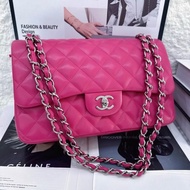 Chanel香奈兒CF Jumbo大號 玫紅羊皮銀扣