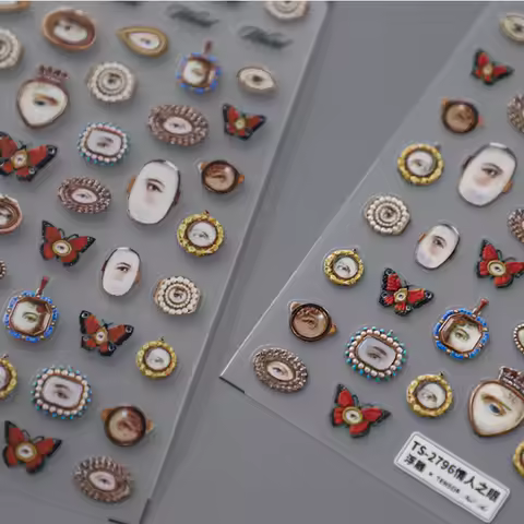 Vintage Oil Painting Eyes Skull Design 5D Embossed Reliefs Self Adhesive Nail Art Stickers Butterfly