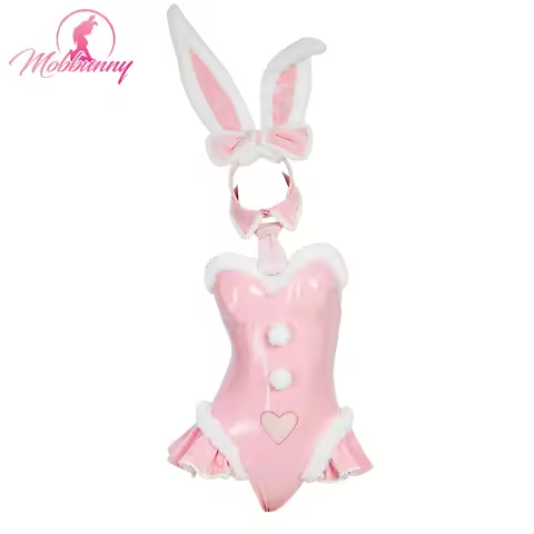 MOBBUNNY Women Lingerie Pink Bunny Girl Christmas Cosplay Costume Furry Heart Cutout Bodysuit with B