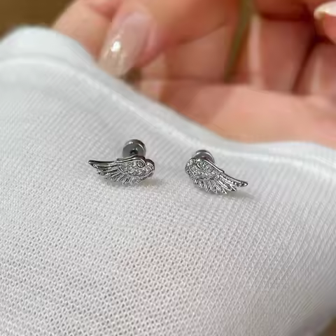 1pair Shiny Crystal Wing Stud Earrings for Women Silver Hypoallergenic Cross Ear Screw Back Piercing