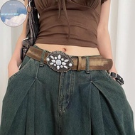 YANGWEN Vintage White Stone Bule Belt Engraved Flower Belt Embossed Leather Belt Boho Western Belt J