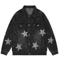 Vintage Graphic Star Speckle Ink พิมพ์ Denim แจ็คเก็ตผู้ชายแฟชั่น Hip Hop กางเกงยีนส์เสื้อ Streetwear Y2K คาวบอย Jacket