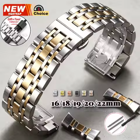 16/18/19mm 20mm 22mm Stainless Steel Seven Bead Watch Strap Butterfly Buckle Universal Watchband Wom