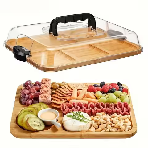 1 Bamboo Cheese Tray with Secure Click-to-Open Acrylic Lid - Portable Reclaimed Wood Serving Tray Pe