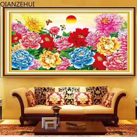 DIY Printed cross-stitch peony flowers bloom and the sun rises full embroidery Cross Stitch Kits Emb