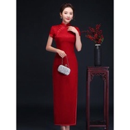 復古真絲旗袍酒紅色長款老上海傳統旗袍禮服顯瘦媽媽裝宴會禮服裙
