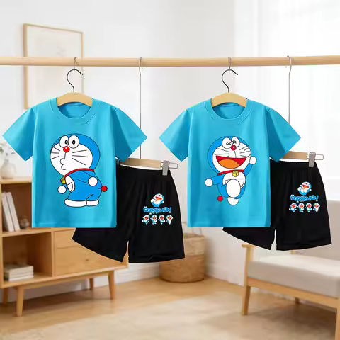 Doraemon Children T-shirt Set Cute Cartoon Tees Boy Girl Short Sleeves Shorts 2pcs Set Kid Blue Top 