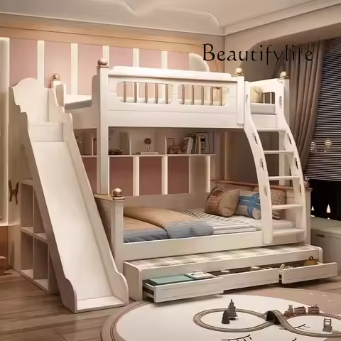 ZL R 135x190cm Wood Mattress Bunk Bed With Slide Ladder King Size Frame 3 Drawers Storage Kids Loft 