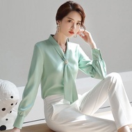 E0413-Ladies Green Chiffon Shirt Summer Office Commuter Long-Sleeved Shirt Design Feeling Temperamen
