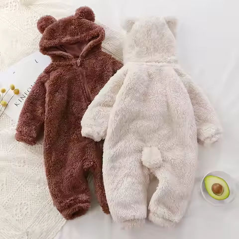 2025 Winter Baby Clothes Cute Cartoon Bear Baby Rompers Pajamas Infant Boy Girls Fleece Hooded Zippe