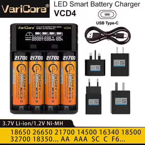 VariCore VCD4 4-slots Smart Battery Charger Test Capacity for 3.7V Li-ion 18650 21700 26650 3.2V LiF