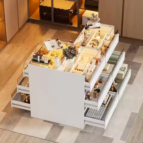 Armoire Wardrobe Closet Island with 9 Drawers, Led Lights, Glass Tabletop, Bedroom Island with Jewel