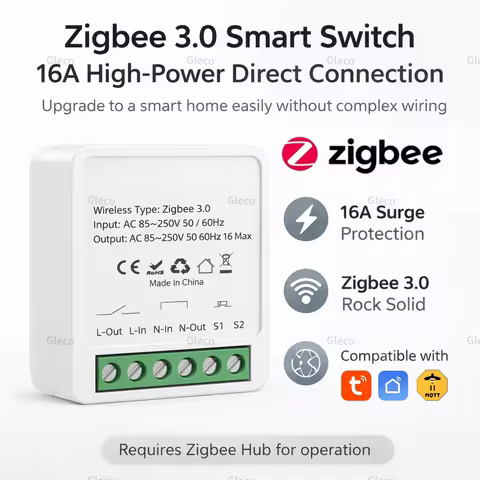 ZigBee Smart Mini Smart Light Switch 1/2CH Breaker Relay 16A 2 Way Control Smart Life APP Voice Cont