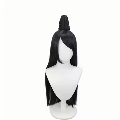 Bayonetta Cosplay Wig – Black Long Straight Hair with High Bun and Claw Hairpiece Anime Costume Wig