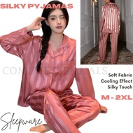 🇲🇾 [2F] Premium 2pcs set Silk Satin Women Pyjamas Long Sleeves Long Pants Button Shirt Baju Tidur Wa