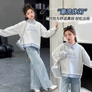 Girls Fake Two-Piece Sweatshirt Spring Autumn Style 2025 Fashionable Children polo Shirt Top Autumn 