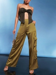 SHEIN Haute 飄襬口袋緞面寬腿貨物褲