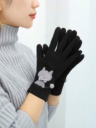 女士珊瑚絨手套,冬季保暖,防寒,貓繡花,觸屏設計,通用尺寸,適合開車,騎自行車