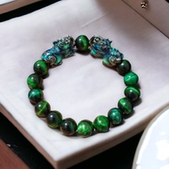 Green Tiger Eye Stone Bracelet Black Pair Color Changing 5 Elements Premium Auspicious Set