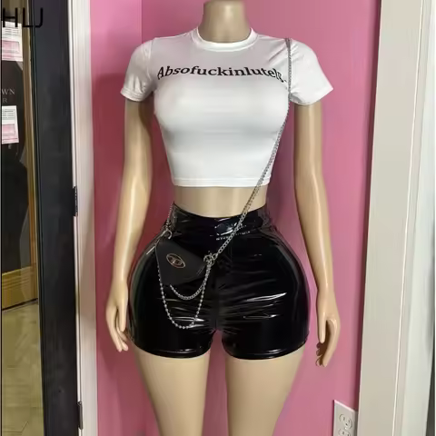 HLJ Y2k Fashion Letter Print Woman 2 Piece Set Outfit Gothic Hip Hop White Slim Crop Top + Leather S
