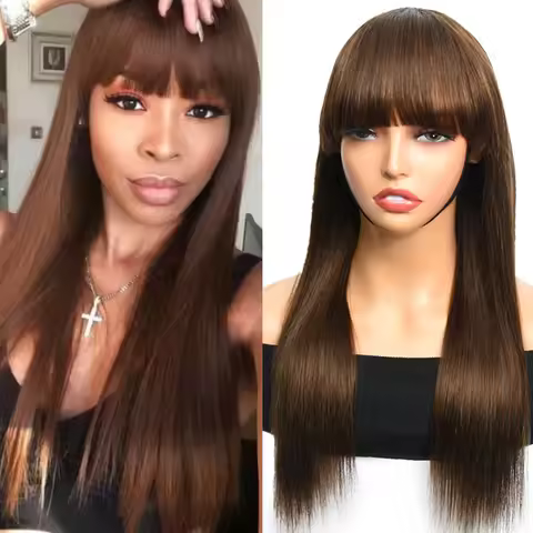 #4 Straight Human Hair Wigs With bangs Brown Fringe Full Machine Wigs Color #99J Straight Human Hair