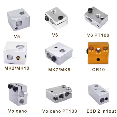 1 pcs Heater Block E3D V5 V6 MK7 MK8 MK2 MK10 Volcano PT100 CR10 2 IN 1 OUT Aluminum/Brass For 3D Pr