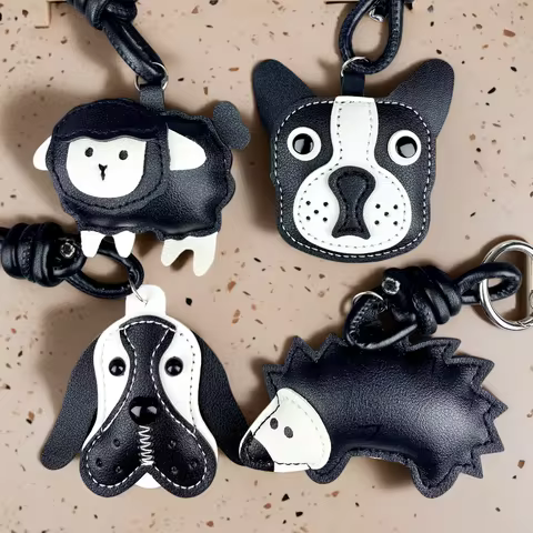 Animal Keychain Set-PU Leather Bag Charm with Studded Strap, 6 Designs (Goat, Hedgehog, Bull, Schnau