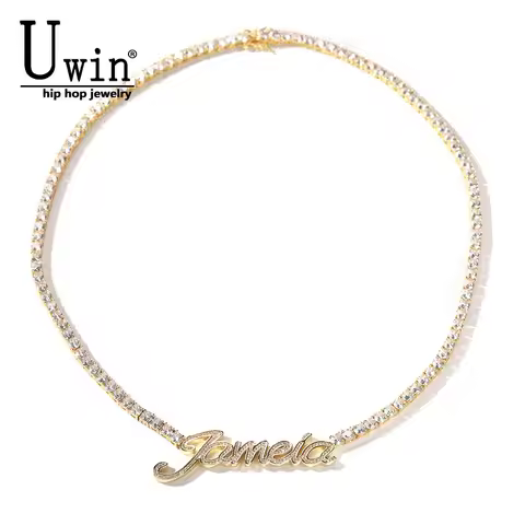 Uwin Custom Name Necklace Cursive Letters Pendant Iced Out Bling Cubic Zircon With 4mm Tennis Chain