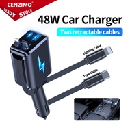 48W USB-C Fast Car Charger 4 in 1 Retractable Car Charger for iPhone Android (Lightning+Type C)