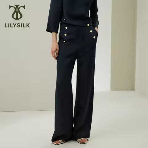 LILYSILK Women's Pure Silk Trouser Ladies Wide Leg Classic Pants with Gold-tone Buttons and Conceale
