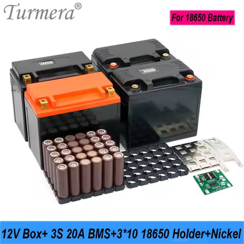 Turmera 12V 30Ah to 35Ah Motorcycle Battery Storage Box 3X10 18650 Holder 3S 20A BMS with Solder Nic