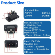 20pcs/lot IEC Inlet AC 250V 16A IEC 320 C19 Panel Mount Power Connector Socket