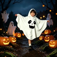 Kids White Ghost Cape Halloween Costume Hooded Poncho Spooky Face Print for Party