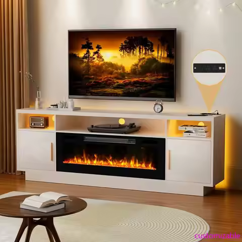 70'' TV Stand with 36'' Fireplace-LED Light Entertainment Center for 75+ inch TV-White TV Cabinet wi