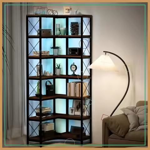 7 Tier Corner Bookshelf with LED Lights, 78.7" High Metal Frame Storage Shelf for Living Room, Study