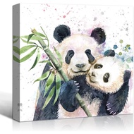 Panda Canvas Print Wall Art Colorful Paintings Cute Mom Panda Hug Baby Bamboo Picture Framed Modern 