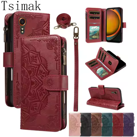 Leather Case For Samsung Galaxy Xcover 7 Xcover7 M15 M35 M55 M23 M33 M53 M56 Lanyard Zipper Wallet C
