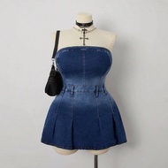 4th Of July Plus Size Women's Denim Strapless Pleated Sexy Jumpsuit Milkmaid Dress Women Autumn Outf